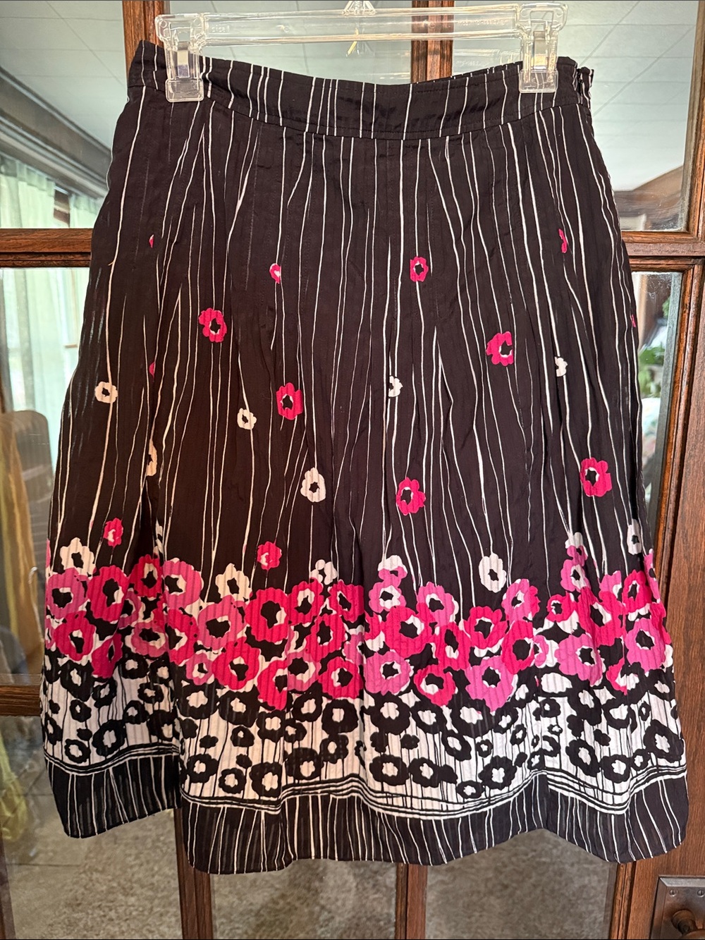 Charter Club Silk Cotton Blend Floral Pinstripe A-Line Midi Skirt Black Pink 6